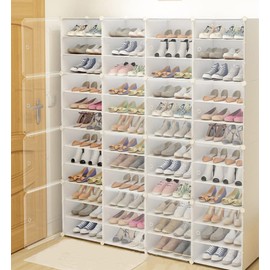 GMSLuu 48 Pack Shoe Storage Box Plastic Stackable Shoe Organizer for Closet, Shoe Sneaker Containers Bins Holders with Clear Door, Clear Shoe Box, Easy Assembly (12x4 Pack)