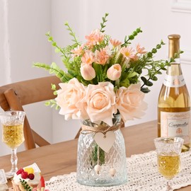 Waipfaru Fake Flowers in Vase, Real Touch Roses Artificial Flowers in Vase, Fake Roses Faux Flower Arrangement with Vase for Home, Office, Bathroom Decor, Dining Table Centerpiece (Champagne)
