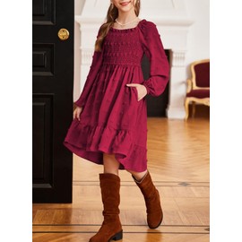 blibean Girls Long Sleeve Dress Teen Fall Flower Dresses Tween Graduation Polka Dot Smocked Clothes Little Kids Formal Wedding Party Church Boho Pockets Vestidos Niñas Size 6-7 Years Old Burgundy