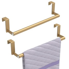 STWWO Over The Door Towel Rack, Kitchen Towel Holder Over Cabinet Door Towel Bar Stainless Steel for Cupboard for Kitchen Dish Towel Holder Hanger, 2 Pack (Gold)