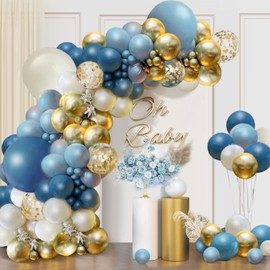 ZAKICHI 130pcs Dusty Blue Balloons Garland Arch Kit, Retro Peacock Blue White Sand Metallic Gold Baby Blue Balloons for Boy Men Baby Bridal Shower Birthday Wedding Party Decorations