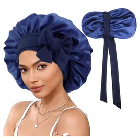 1PC Silk Sleep Bonnets for Women, Adjustable Satin Night Sleeping Cap Soft Elastic Band Silk Bonnets for Sleeping, Hair Bonnet with Tie Band Black (UK, Alpha, One Size, Standard, Navy Blue)