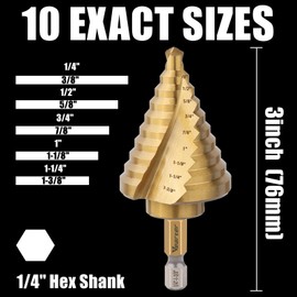 Vearter HSS Spiral Groove Double Flute Step Drill Bits, 1/4'' - 1-3/8'' Bits 10 Steps M2 Material Unibit Hex Shank for Drilling Holes in Stainless Steel Aluminium Sheet Metal Wood Plastic PVC