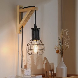 Zompoo Industrial Balck Wood Cage Wall Lamp with Lift Design, Farmhouse Plug in Rustic Wall Sconce Fixture, Vintage Hanging Wall Lighting Decoration for Indoor Living Room,Restaurant,Bedroom