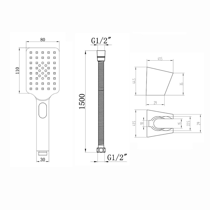ENKI, EH005, Contemporary Square 3 Function Hand Shower Kit Incl.