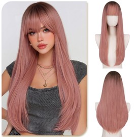 SOFEIYAN Long Straight Pink with Dark Roots Wigs for Women - 22 Inch Wig with Bangs Natural Looking Soft Heat Resistant Synthetic Wigs for Women Daily Party Use