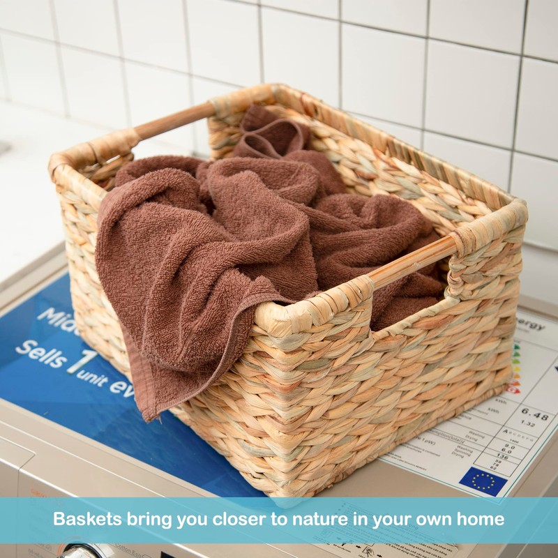VATIMA Large Rectangular Wicker Basket with Wooden Handles for Shelves
