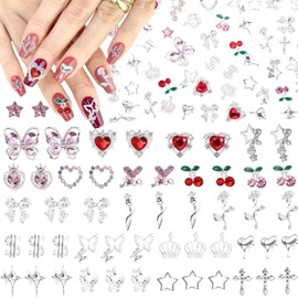130 Pcs Silver Nail Gems and Charms, 3D Metal Star Cross Heart Cherry Butterfly Nail Gem Rhinestone and Charms, Assorted Silver Bowtie Crown Dollar Nails Charm for Acrylic Manicure DIY Supplies