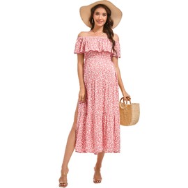 Maternity Dress Women's Off Shoulder Split A Line Casual Maxi Dress Photography Dress for Babyshower Pink-HY-X-Large