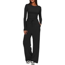 Joligiao 2 Piece Outfits Women Lounge Wear Sets Womens Tracksuit Set Ruched Long Sleeve Crop Tops and Drawstring Elastic Waist Wide Leg Trouser Two Piece Loungewear Sets for Women Casual Leisure Wear