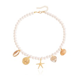 Seashell Starfish Pearl Choker Necklace for Women Gold Plated Boho Charm Crowrie Sea Shell Ocean Animal Coin Pearl Beaded Pendant Necklace for Summer Beach Vacation Party Fashion Jewelry Gifts (Gold)