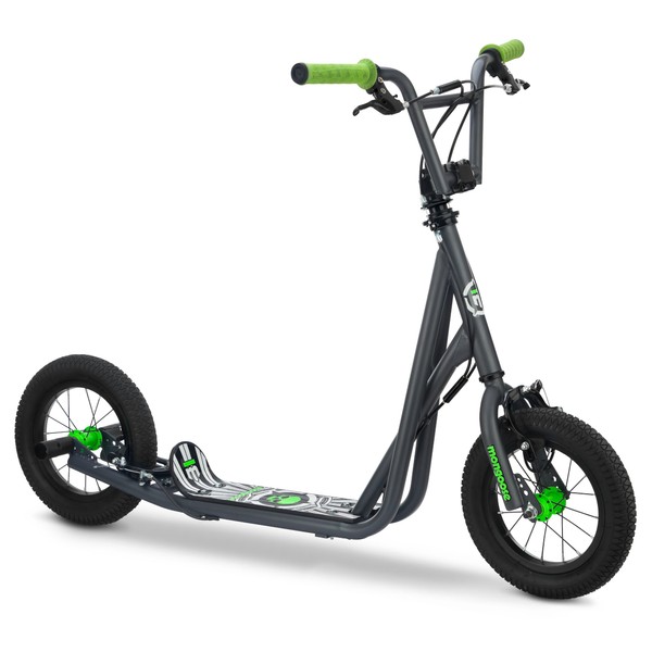 Mongoose Expo Youth Scooter, Front and Rear Caliper Brakes, Rear Axle Pegs, 12-Inch Inflatable Wheels, Green/Grey