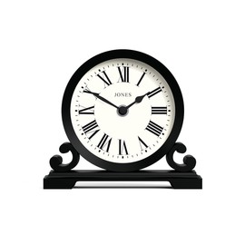 Jones Clocks® Saloon mantel clock | Traditional double scroll design | Black | Roman numerals | Classic style for desk, table, shelf or bedside