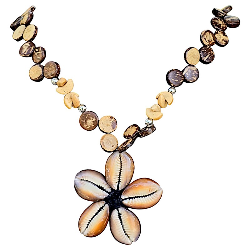 BlueRica Kaput Shells Flower on Brown Coconut Shell Disc Beads