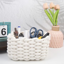 Cotton Storage Basket, White Braided Basket with Thick Yarn Wicker, Bathroom Organiser for Desk & Dressing Table Changing Table, Cosmetics, Desktop - Small Storage Box