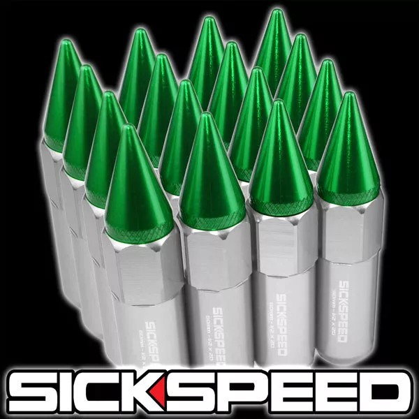 SICKSPEED 16 PC POLISHED/GREEN SPIKED 60MM ALUMINUM EXTENDED LUG NUTS