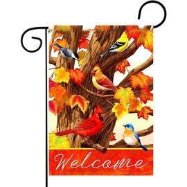 Global life house Fall Cardinal Red Birds Home Decorative Garden Flag, Autumn Maple Leaves Yard Lawn Birdhouse Outside Decor, Farmhouse Outdoor Small Burlap Decoration Double Sided 12 x 18 inch