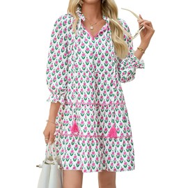 Wenrine Womens Casual Mini Dress Long Sleeve Floral Ruffle V Neck Fall Loose Boho Babydoll Dresses with Pockets Pink