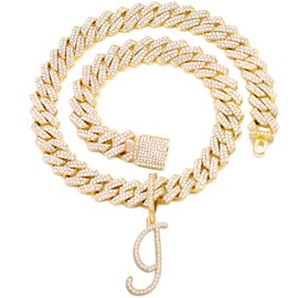 PTJDSMF Gold Silver Plated Initial Cuban Link Chain Necklace for Women Cursive Letter Gold Miami cuban link chain Iced out chain with pendant for women (Gold, I)