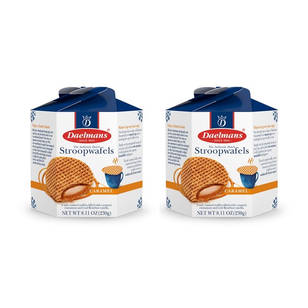 DAELMANS Stroopwafels, Dutch Waffles Soft Toasted, 2 Pack Assortment, Caramel, Office Snack, Kosher Dairy, Authentic Made In Holland, 8 Stroopwafels Per Box (2 Pack)