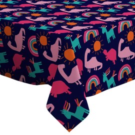Q-Beans Rectangle Decorative Tablecloth [Size: 52 x 70 inch], Washable and Reusable Table Cloth Cover for Indoor and Outdoor (Rainbow Unicorn Dino Sun)