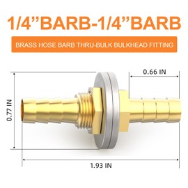 GASHER 5PCS Brass Hose Barb Thru-Bulk Bulkhead Fitting 1/4" to 1/4" Barb Hose, Straight Hex Union Fitting with 10PCS Hose Clamp