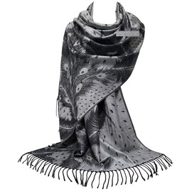 GFM® Pashmina Style Scarf in Peacock Feathers Design - Black and Silver - (SA)(DRV)(HD)(PCKPASH-P5-KLCH)