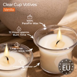 HYOOLA Clear Cup Scented Votive Candles - Vanilla - 12 Hour Burn Time - 4 Pack - European Made