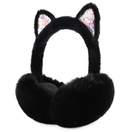 PESAAT Fluffy Ear Muff for Women Plush Foldable Earmuffs Kids Winter Earmuffs Girls Boys Cold Weather Ear Warmer (Black Cat)