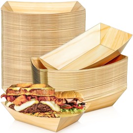 MotBach 100 Pack 3Lb Paper Food Boat Trays Disposable Paper Boat Containers, Wood Grain Kraft Food Serving Tray Boats Plates for Snack Popcorn Dessert Hot Dog Sandwich Burger Taco Fries Nacho