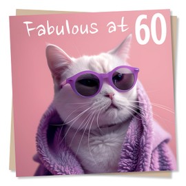 60th Birthday Card For Women - Glamorous Cat in Glasses - Fabulous at 60 Birthday Card For Cat or Kitten Lovers