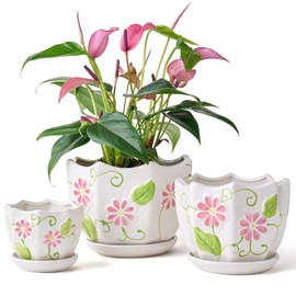 STHIE Ceramic Plant Pots with Drainage Holes and Saucers, Set of 3 Round Flower Pots for Indoor Plant, 4/5/6 Inches Small Flower Planters with Scalloped Edge (Pink Octagonal)