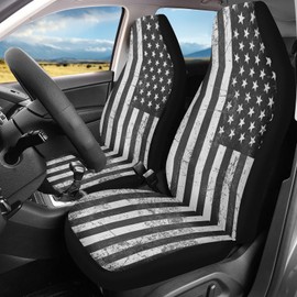 ELEQIN Patriotic American Flag Print Front Seat Cover 2 Pcs,Classic Black White Universal Vehicle Seat Protector Mat Covers, Fit Most Cars, Sedan, SUV, Van Truck