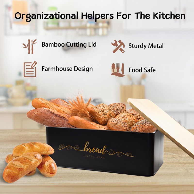 Holismo Bread Box with Bamboo Cutting Board Lid, Metal Bread