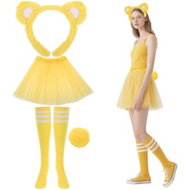 BOUTICOL - Disfraz de oso amarillo de 4 piezas que incluye orejas de oso, diadema, falda tutú de cola y calcetines para Halloween, fiesta de cosplay (amarillo)
