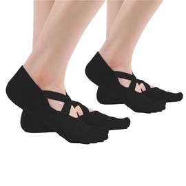 [VUNIANKO] Five Finger Yoga Socks, Anti-Slip, Antibacterial and Odor Resistant, With Grip, Ladies, Pilates, A Black (Set of 2), Free size