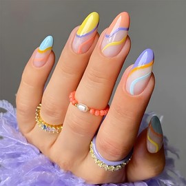 Colorful Neon Press on Nails Medium Almond Fake Nails with Designs Yellow Blue French Tip Nails Rainbow False Nails Gel Acrylic Nails Medium Glue on Nails Summer Stick on Nails for Women 24Pcs