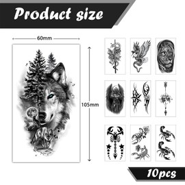 Temporäre Tattoos,Wasserfest Fake Tattoos zum Aufkleben,10 verschiedene Motive, die auf Hände, Beine und andere Körperteile geklebt werden können.，Anwendbar auf für Männe Frauen (Schwarz)