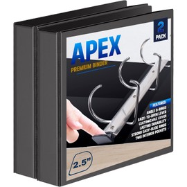 2 Pack of 2.5” Smooth Opening Angle D-Ring View Black Binders, Professional Presentation Folder for Standard Pages with Inside Pockets, and Customizable Clear View Binder PVC-Free