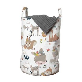 Lunarable Forest Laundry Bag, Fox Gazelle Rabbit Pastel Flowers Birds Butterfly Botanical Magic Nature, Hamper Basket with Handles Drawstring Closure for Laundromats, 13" x 19", Grey Brown