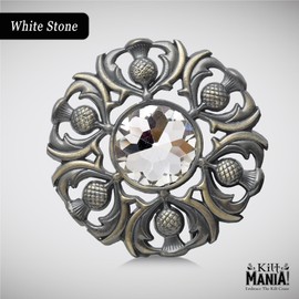 Elegant Scottish Kilt Fly Plaid Brooch - Premium Thistle Design with Sparkling stone, Handcrafted Tartan Sash Pin, Luxurious Highland Dress Accessory for Women's (Brass Antique, White)