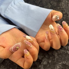 AKA Unicorn Handmade Press On Nails Medium Oval,Gold Chain&Pearl French Nail Tip,10Pcs Acrylic Fake Nails with Charm Design,Glue On Nail with 3D Rhinestone Stick On Woman Fingernails