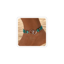 Elastic Beaded Ankle Bracelets for Women Double Heart Layered Stretch Ankle Bracelets Waterproof Dainty Boho Beaded Anklets for Summer Beach Foot Jewelry (Green Silver)