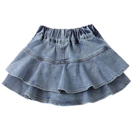 Flofallzique Girls Jean Skirt Mini Flared Pleated Kids Blue Toddler Denim Skorts with Short Underneath(3 Years,Blue)