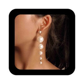 Enautoabs Vintage Long Pearl Earrings Pearl Tassel Dangle Earrings Large Pearl Long Earrings Gold White Pearl Drop Earrings Fringe Pearl Statement Earrings Pearl Wedding Earrings Jewellery, Zinc, No