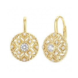 PECHEW 14K Gold Drop Dangle Leverback Earrings for Women Engraved Openwork Cutout Cubic Zirconia Vintage Elegant Dangle Drop Earrings for Daily Casual & Formal Wear 16mm