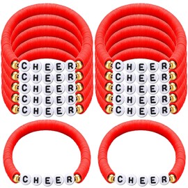 Yaure Joy 12 Pcs Cheerleader Gifts Stackable Clay Bead Cheer Bracelets Y2k Disc Surfer Friendship Bracelets for Cheerteam Girls (Red)