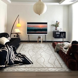 DweIke Rugs Modern Bordered Alfombras, 4x6 Washable Area Rugs for Living Room, Non Slip Low Pile Indoor Throw Carpet for Bedroom Apartment Dining Room Home Office Hardwood Floor, Beige