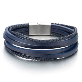 COOLSTEELANDBEYOND Mens Womens Multi-Strand Navy Blue Braided Leather Bracelet Wristband with Steel Magnetic Clasp(CA)