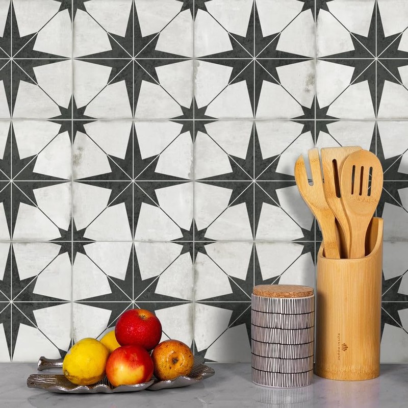 The Tiles Plaza Encaustic Peel and Stick Backsplash, Black Star